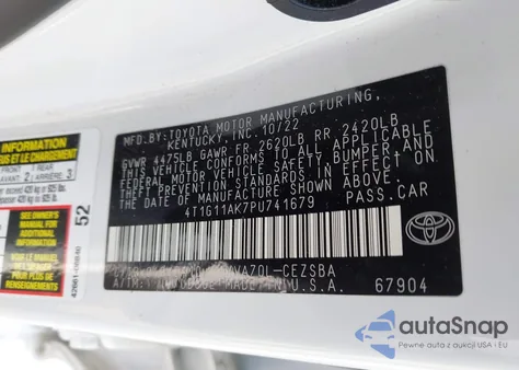 2023 Toyota Camry Se из США, поврежденный, VIN 4T1G11AK7PU741679